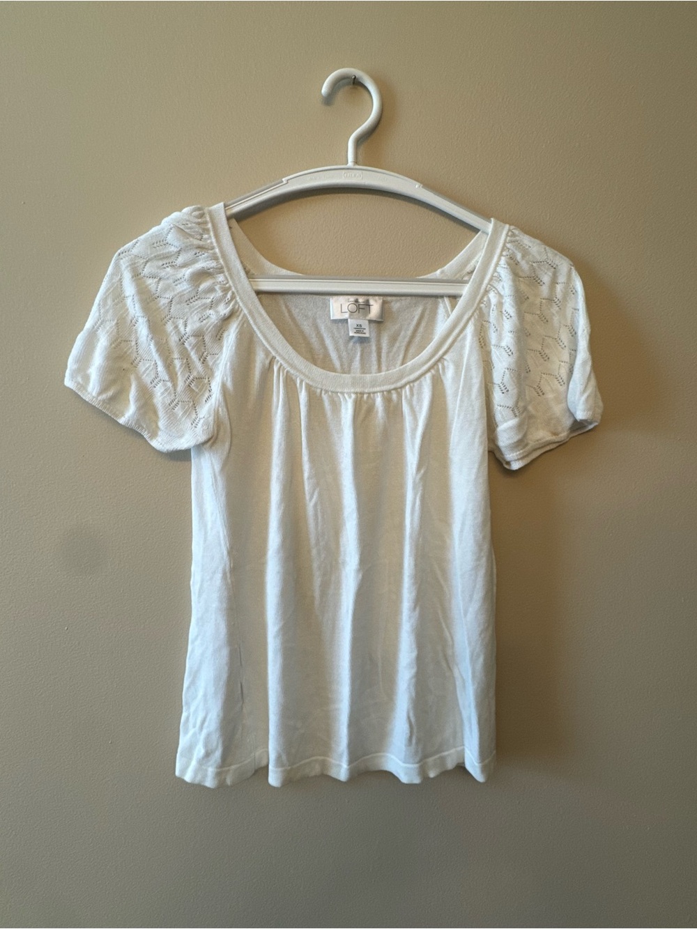LOFT White Scoop Neck Short Puff Sleeve Knit Top with Eyelet Detail